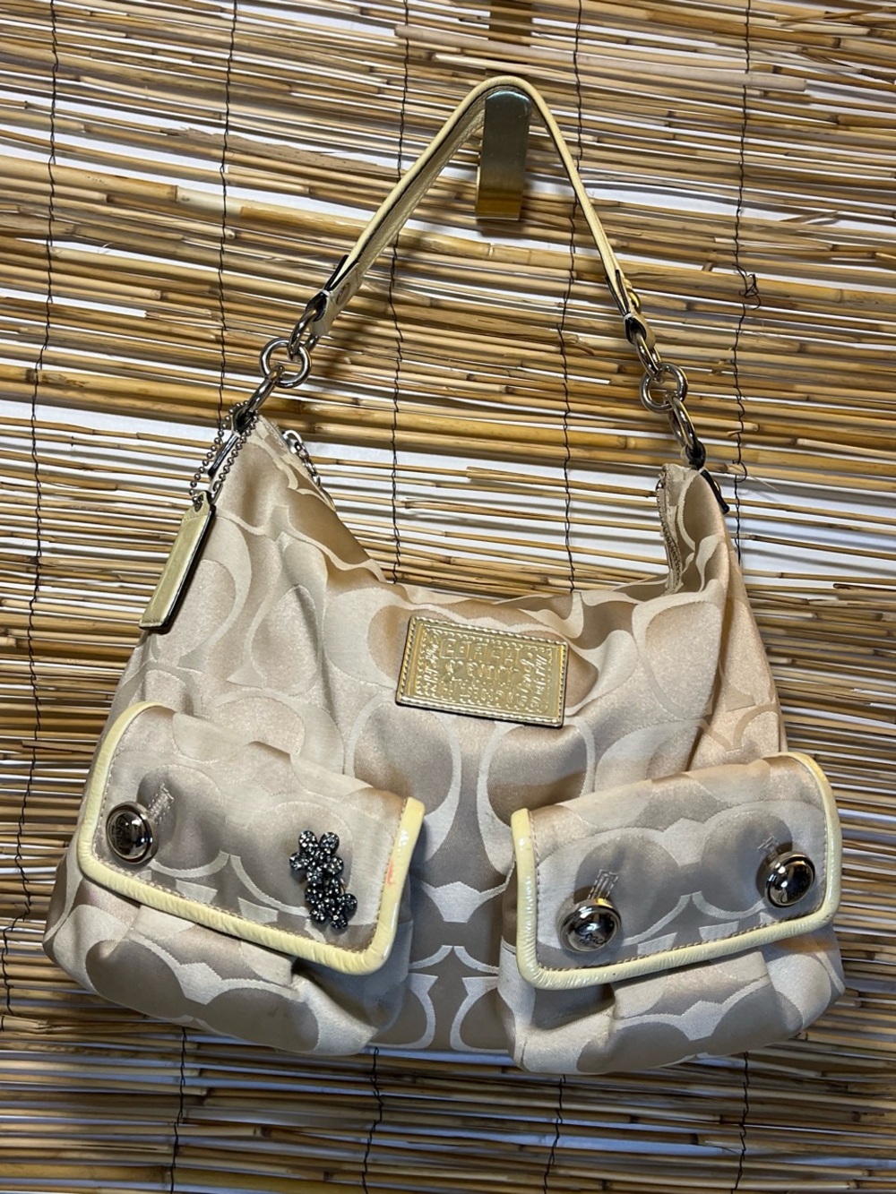 Coach Beige Signature Shoulder Bag with Cream Trim